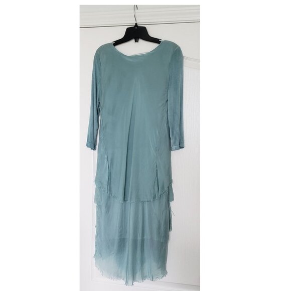 BNWT Silk Waterfall Layered 3/4 arm Midi Dress Made in Italy Light Teal - Picture 4 of 13